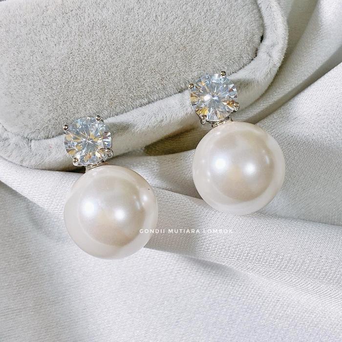 Stud Giwang Mutiara Laut  Putih- Anting Giwang Stud Mutiara Shell Putih Bulat Mutiara Besar Lapisan 