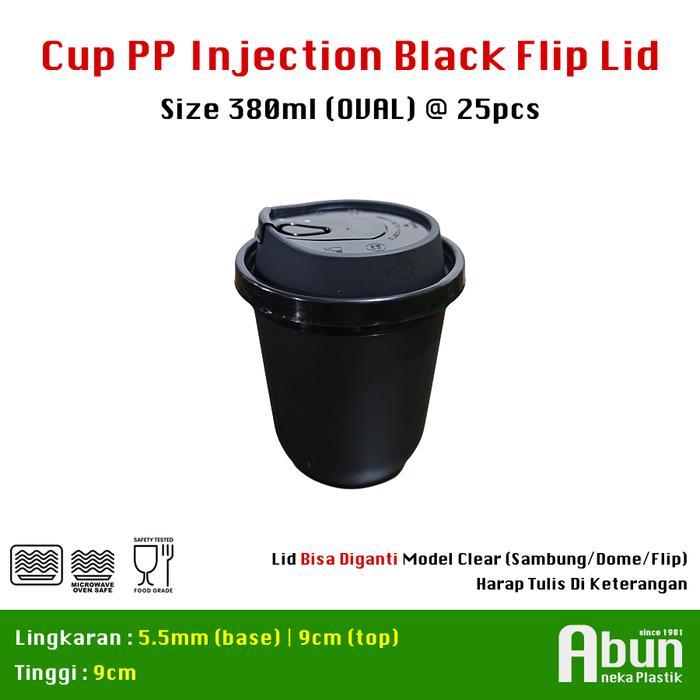 Cup PP Injection Black Solid Color (360/380/400/500) Flip Lid @25pcs - 380 OVAL