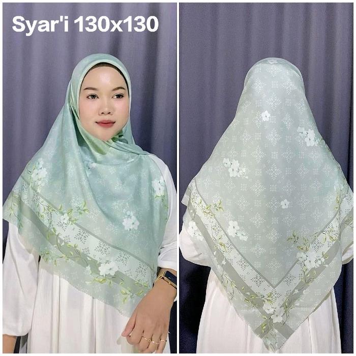 HIJAB SEGI EMPAT SYAR'I JUMBO VOAL MOTIF SUBLIME BUNGA QIRANI HIJAU MINT UK 130X130 SYARI