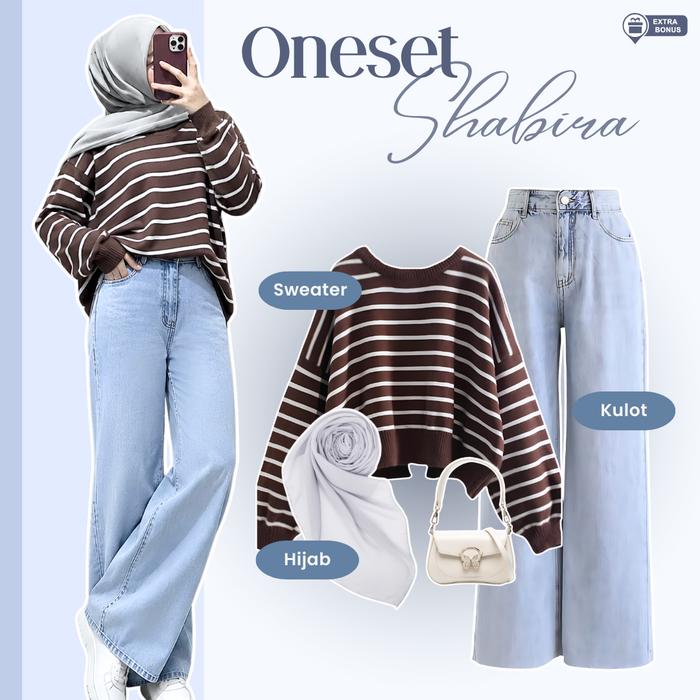 Oneset One set 3in1 setelan wanita sweater switer creneck shabira rajut kancing belakang stripe salu