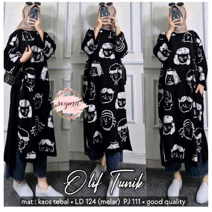 olif baju long tunik wanita bahan kaos import ld 124 cm