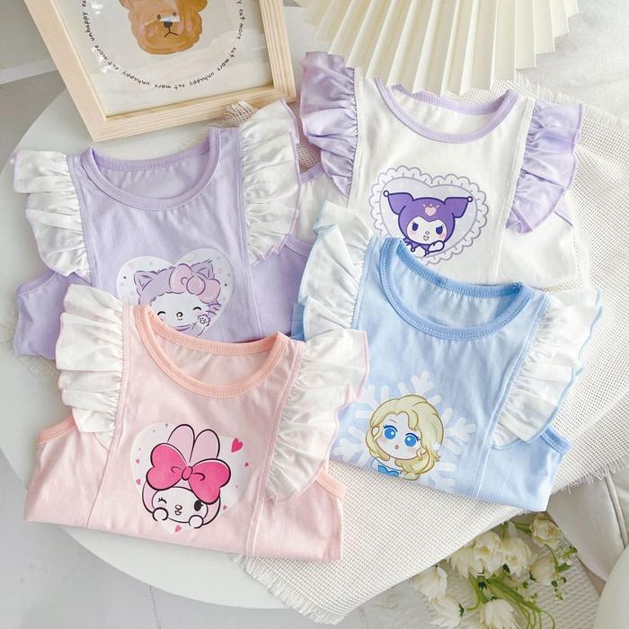 Dress Kaos Atasan Anak Model Theresia Ruffle Elsa Ariel Tangled Kuromi Cinnamoroll Korean Style Misa