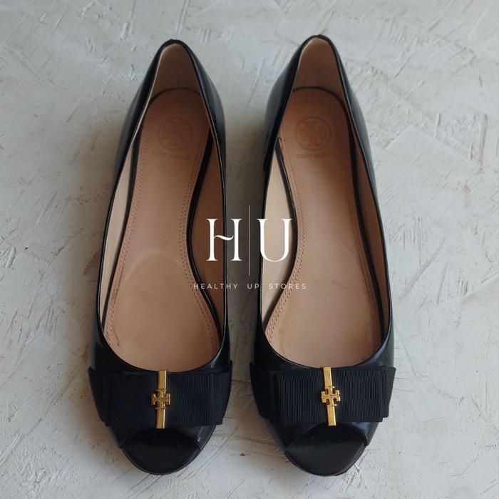 Original Tory Burch Trudy Black Open Toe Wedge Flats Size US8 Bekas