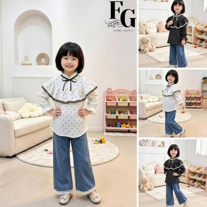 SETCEL POLKADOT KERAH KERUT MIX JEANS ANAK PEREMPUAN USIA 3 - 12 TAHUN / STELAN CELANA KULOT - FASHI