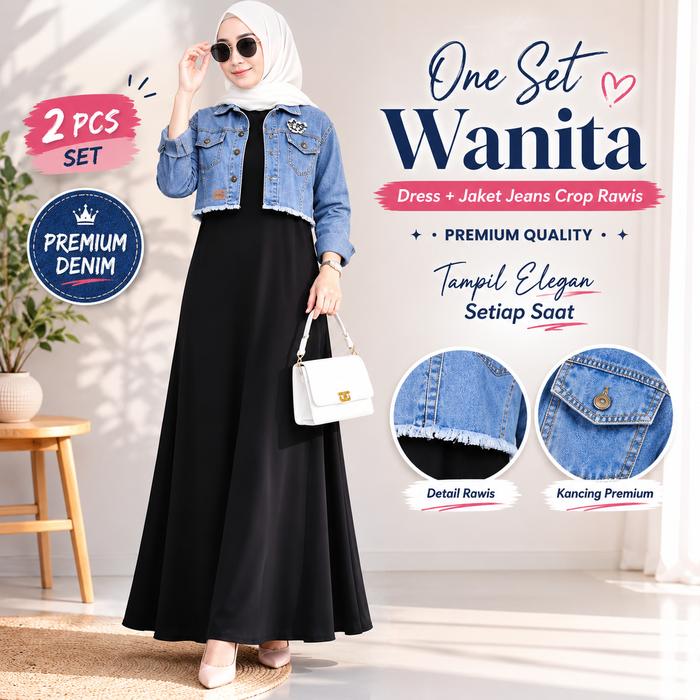 One Set Wanita Dress Polos + Jaket Jeans Crop Rawis Premium Denim Setelan Gamis Hijab Fashion Kekini