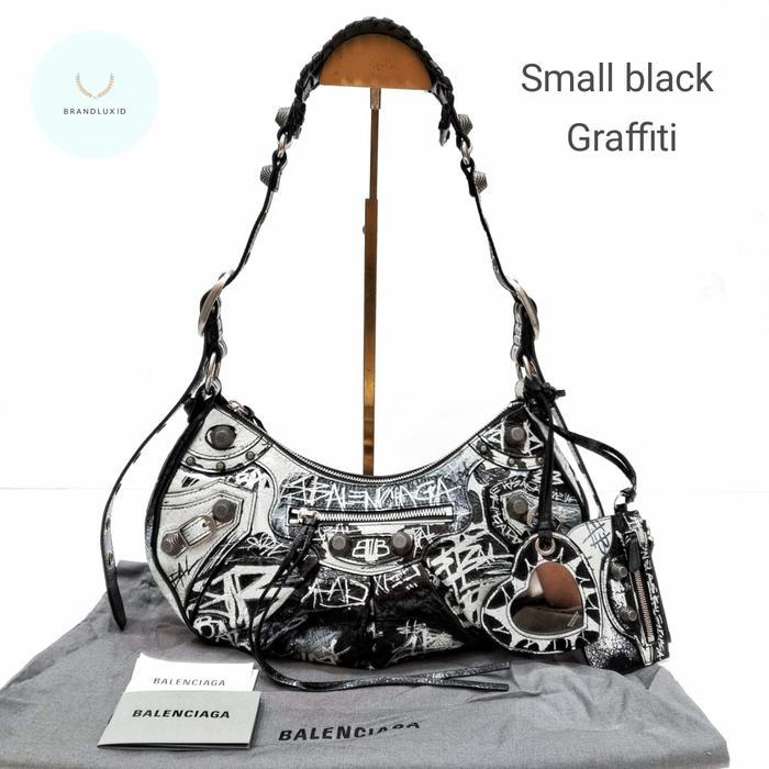 BALENCIAGA LE CAGOLE GRAFFITI SMALL S BLACK LEATHER (COMPLETE WRISLET)