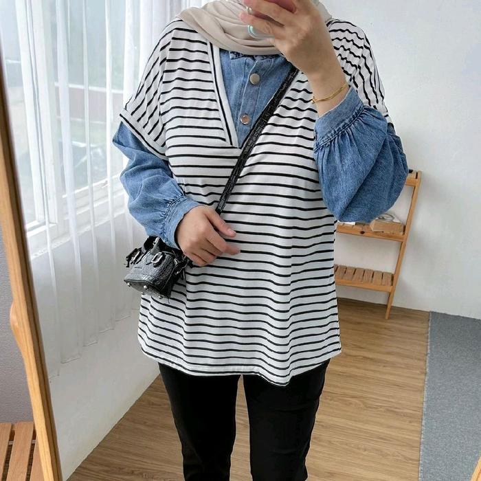 Kiva comby blouse babyteri mix jeans Dress wanita muslimah Gamis baju midi muslim gaun lebaran onese