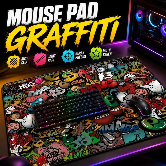 Mouse Pad Gaming Ukuran M-XL Besar Sedang Desk Mat Street Grafiti Anti Slip 900x400 800x300 300x250 
