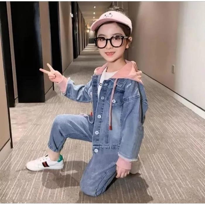 JAKET JEANS HOODIE ANAK /JAKET KOMBINASI ANAK PEREMPUAN HOODIE WARNA/ JAKET ANAK UMUR 2-14TH