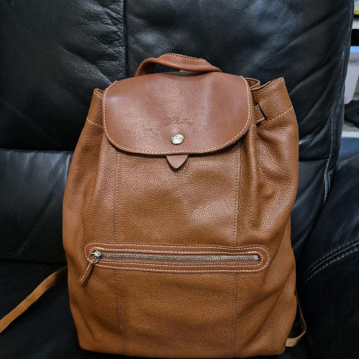 Longchamp tas selempang Original Longcharm warna coklat muda bahan kulit dengan desain praktis