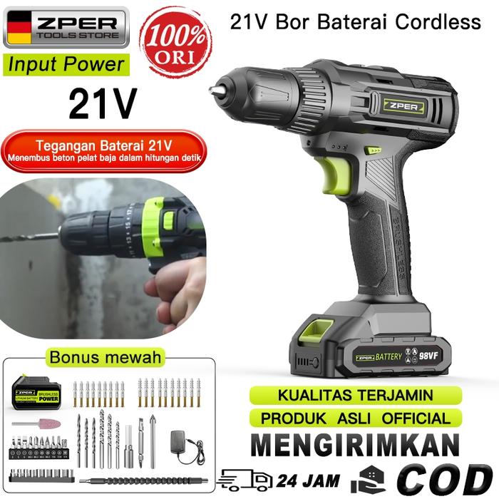 ZPER Baterai bor 10mm bor listrik21volt murah bor tangan baterai besi tembok Beton kayu bor cordless