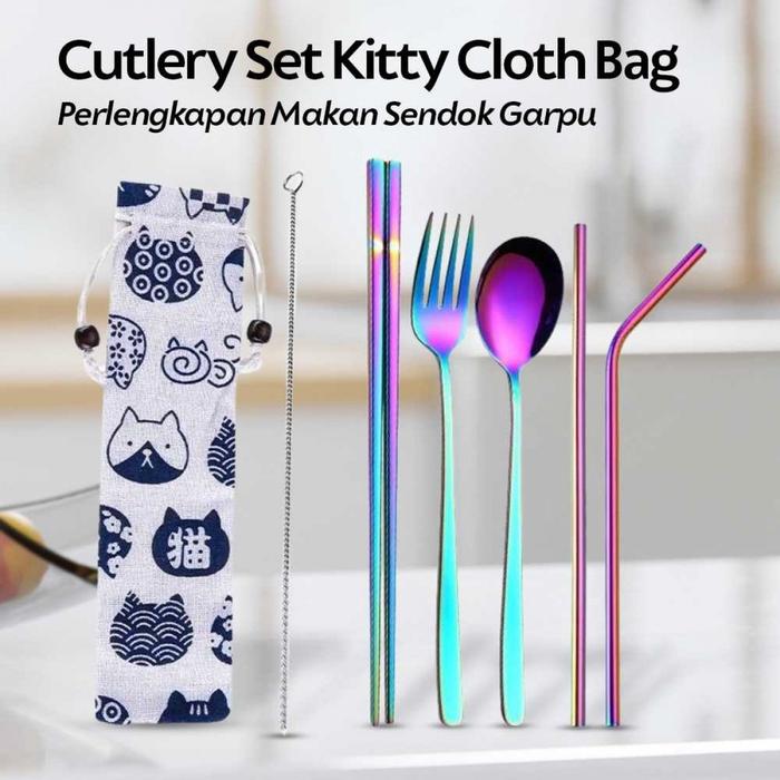Set Perlengkapan Alat Makan Sendok Garpu Sedotan Sumpit Stainless Steel