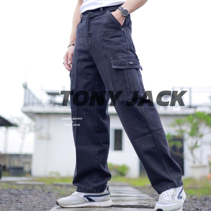 Tony Jack Cargo Pants Rugged Black - Celana Cargo Loose Jeans Pria Baggy Fit