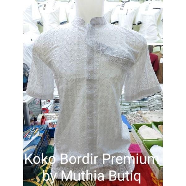 Promo Baju Koko Putih Lengan Pendek, Bahan Katun Bordir by Muthia Butiq (MB) COD