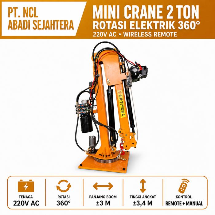 Mini Crane Hidrolik Elektrik 2 Ton 220V AC Rotasi 360° Wireless Remote