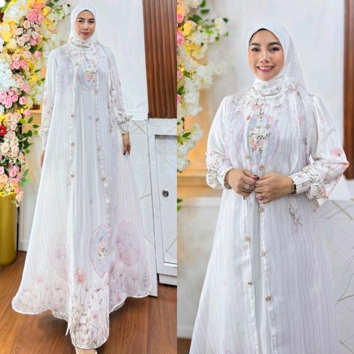 WHITE RAYA SERIES BY HUMAIRA SYARI GAMIS CERUTY PREMIUM ORGANZA SEMI OUTER PRINTING SET JILBAB SEGI 