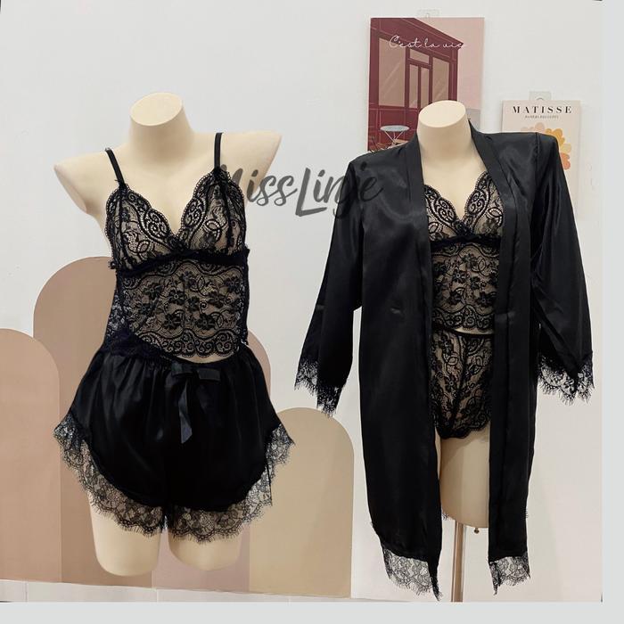 Miss Linje Setelan Baju Tidur Kimono Satin Dalaman Lette & Hotpants Renda 4In1 Muat Sampai B Size Ju