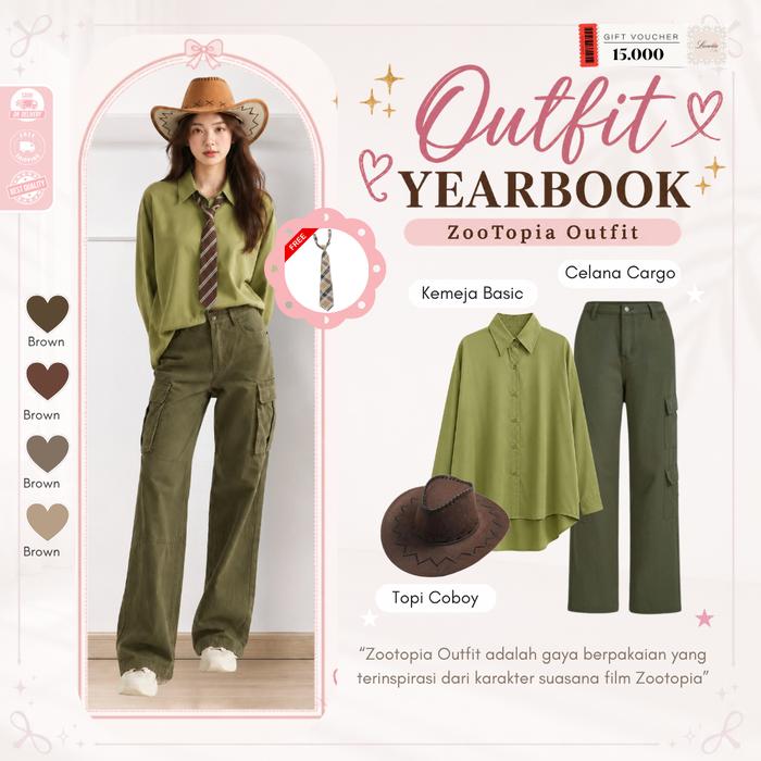 Setelan Outfit ZooTopia Terbaru Muslim  ( Topi Coboy + Kemeja Matcha + Celana Cargo ) One Set 4in1 Y