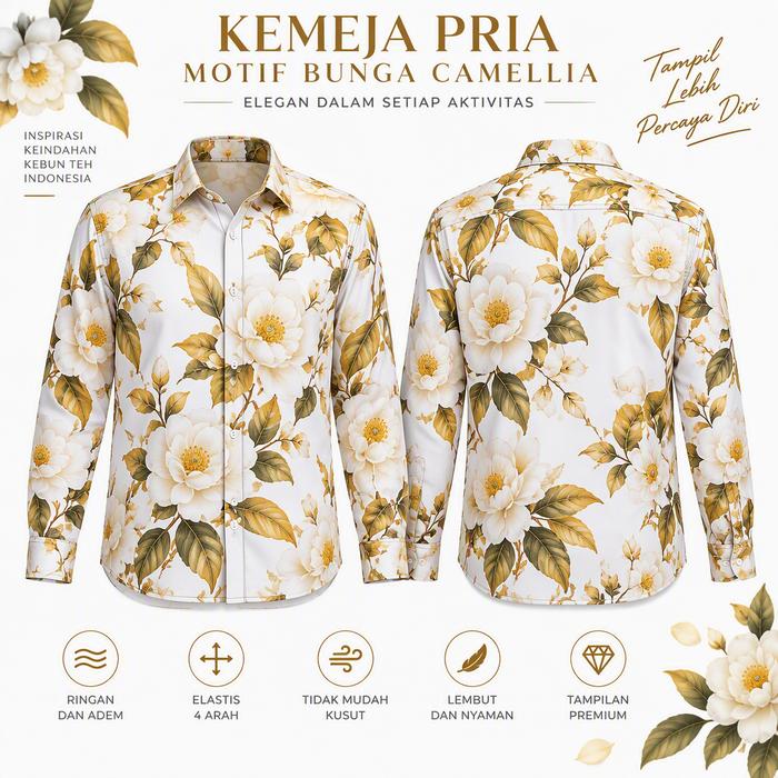Kemeja Pria Lengan Panjang Motif Bunga Camellia 3D Warna Putih dengan Floral Besar Bernuansa Krem, K