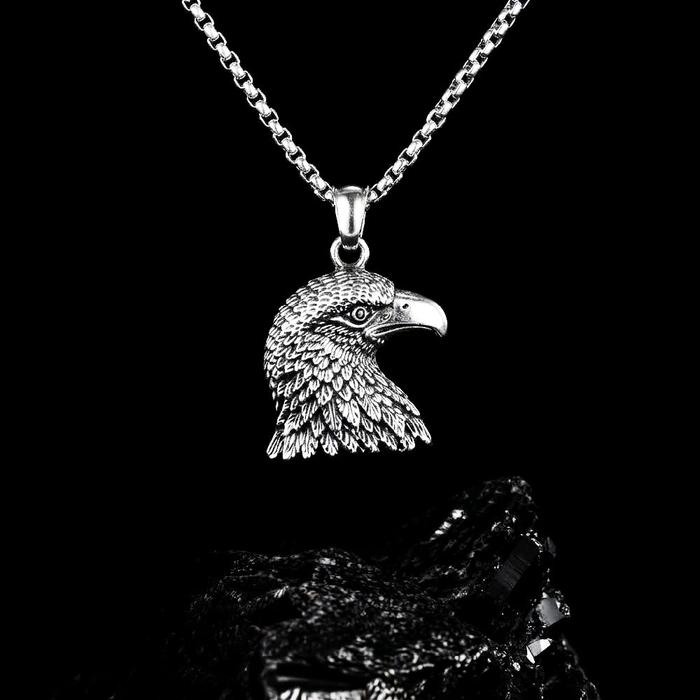 HSNA - Kalung Garuda Liontin Skull Kepala Elang Titanium Stainless Besi Putih Perak Anti Karat - Aks