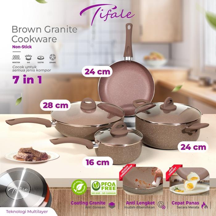 TERMURAH Tifale Brown Granite Antilengket Peralatan Masak Dapur 7PCS Untuk Semua Kompor Panci Wajan 