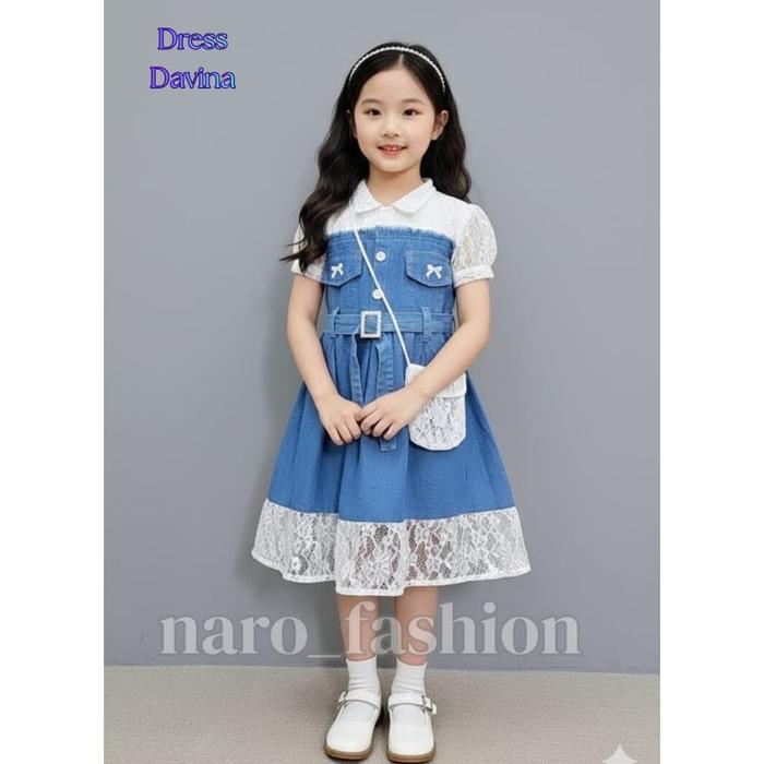 Davina Dress jeans anak perempuan import korean style mix brukat Free Tass usia 3-10 tahun gaun kond