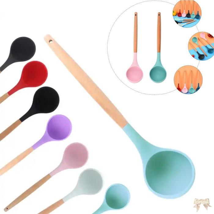 Centong Bulat SILIKON Gagang Kayu Spatula Masak Sodet Sendok Irus Soup