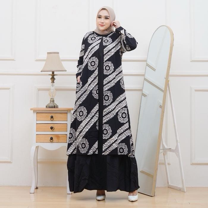 LONG DRESS BATIK CARDIGAN MONOKROM gamis batik bumil busui gamis kondangan hitam putih rayon tebal a