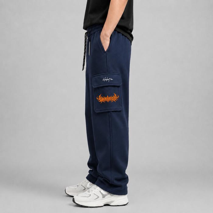 Hedent inv. Celana Cargo Pria Urban Style Model Loose Pants Kantong Samping Warna Biru Navy Celana P
