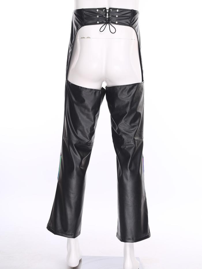Mens Wet Look PU Motorcycle Chaps Trousers Punk Style Striped Patchwork Hollow-out Crotch Long Pants