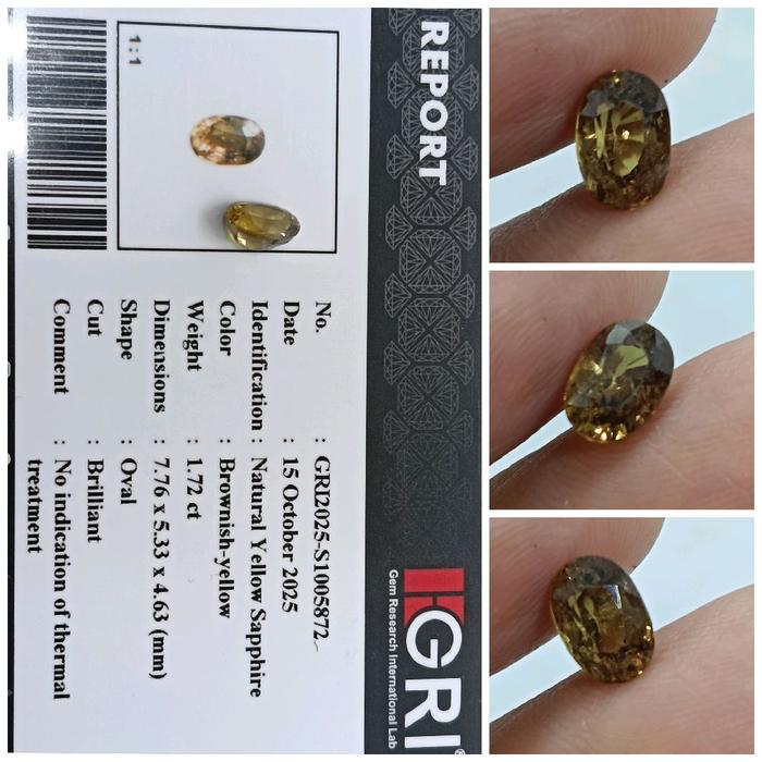 Natural Yellow Sapphire Ceylon Est. 1,7ct Top Kristal memo GRI Safir No Treatment