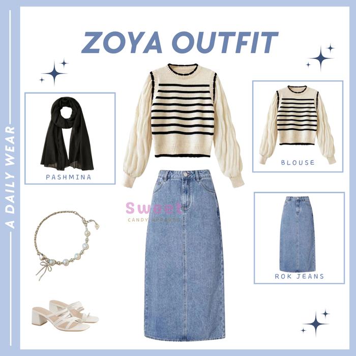 Set Wanita 3in1 Ramadhan Series [Pashmina Jersey, Blouse Stripe, Rok Jeans] Zoya Outfit - SC19