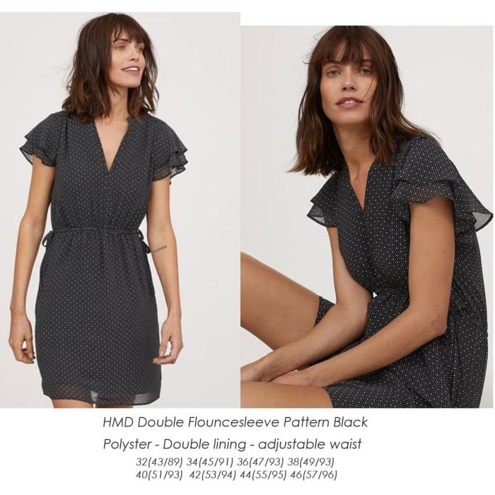HM Double FlounceSleeve Pattern Black Dress Branded Murah