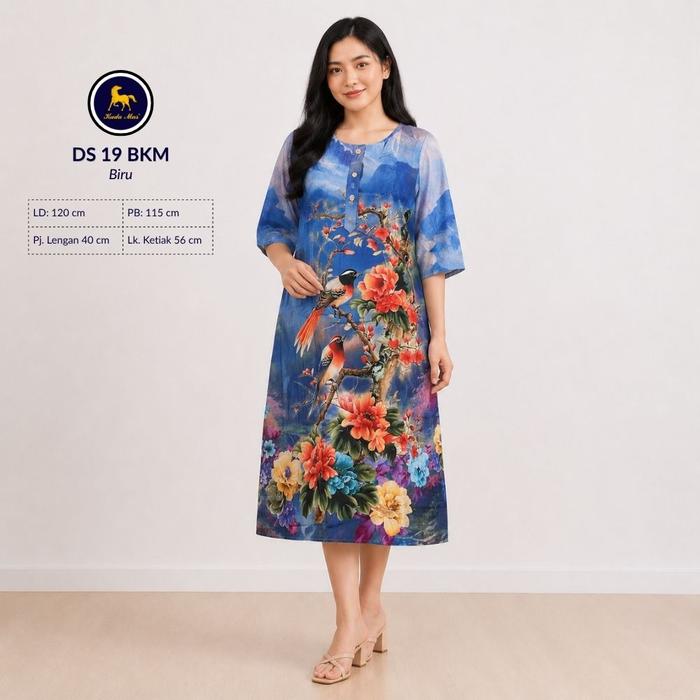 Batik Kuda Mas Daster 19 Lengan 3/4  | Daster 3 Kancing Depan Busui Di Bawah Lutut Rayon Motif Tebal