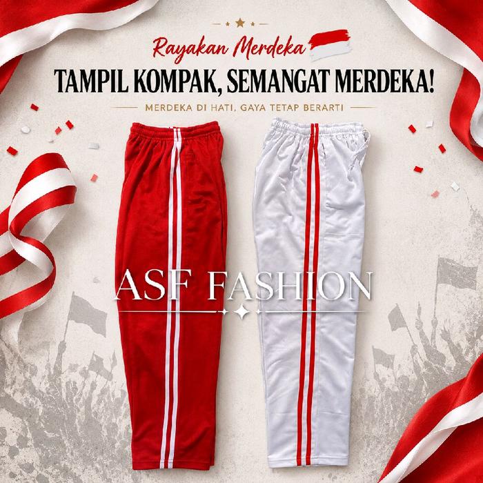 PAKET COMBO Celana Merah Putih Unisex 2 Pcs dengan Garis Putih dan Merah untuk Rayakan Merdeka Tampi