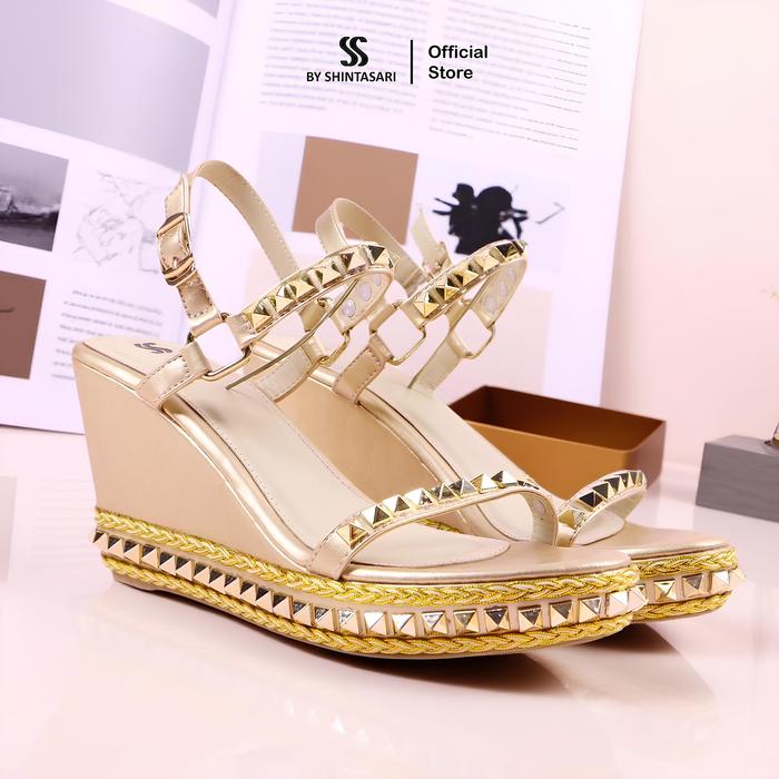 Sepatu Wanita Wedges Manaia Cataclou Sandal Wedges Wanita Heels 9cm Gold