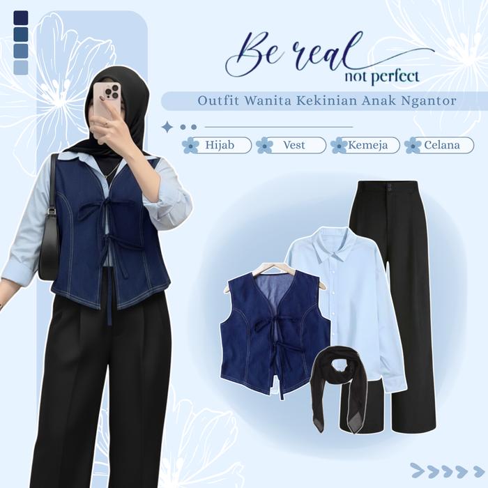 One Set Wanita ( Kemeja Polos, Bella Vest, Celana, Hijab ) Ootd Kece / Outfit Ngantor Stylish - MF12