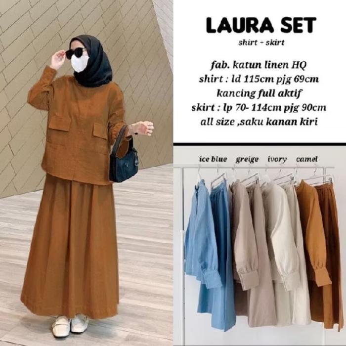 Set rok tunik Laura set, bahan : katun linen HQ kancing full aktif, skirt all size