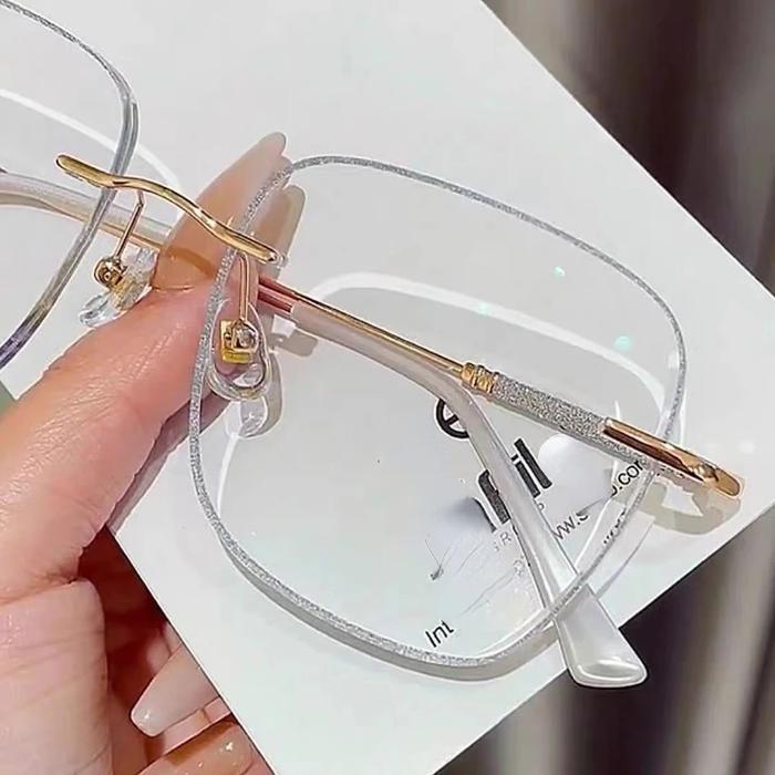 Rimless Women's Myopia Glasses Square Diamond Cut Prescription Eyeglasses Blue Light Blocking Eyewea