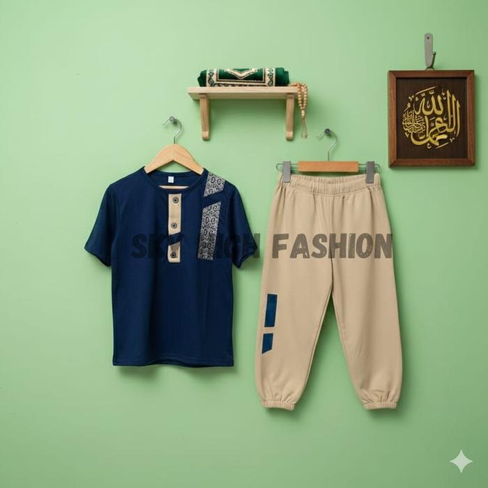 OneSet Koko Joger Asraf Lengan Pendek Anak Cowo Usia 3-12 Tahun Katun Muslim Batik Setelan Atasan Ka
