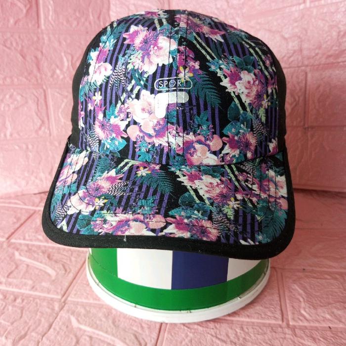 Topi Fila Sport Floral Dad Hat Baseball Cap Strapback Black Flowers Hawaiian 6 Panel