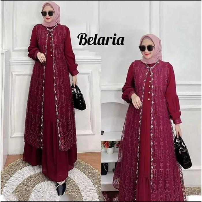> Belaria Dress Ceruty Babydoll Mix Brukat + Mutiara Premium / Miss Jasmine Dress / Gamis Kondangan 