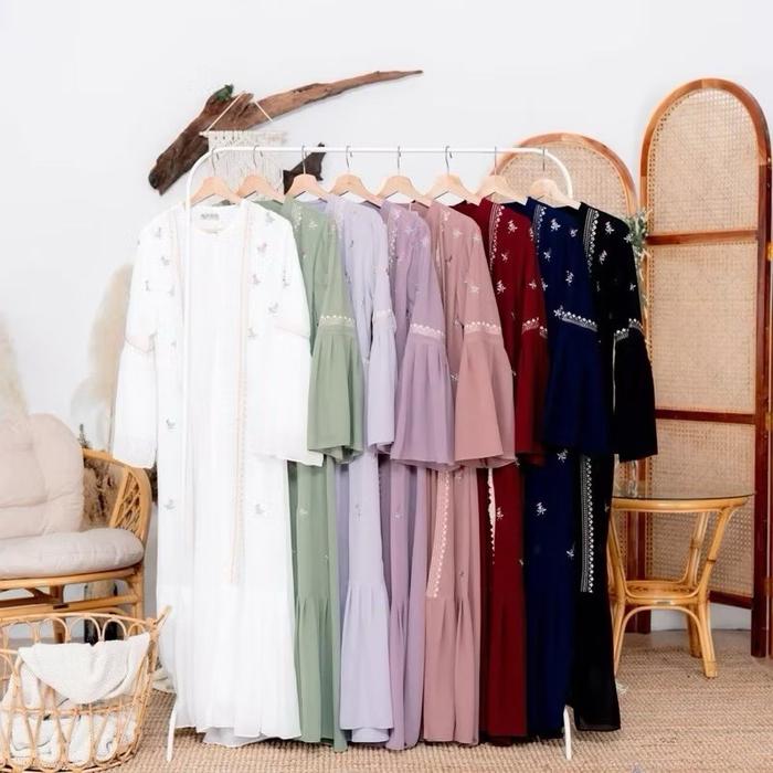 Shaima Abaya Model Outer Menyatu Bahan Ceruty Aplikasi Bordir Gamis Kondangan Pengajian Seragaman Co