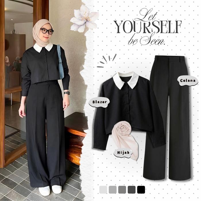 Setelan Wanita Muslimah 3in1 | Blazer Crop Kerah Putih + Celana Kulot Highwaist + Hijab Pashmina | O
