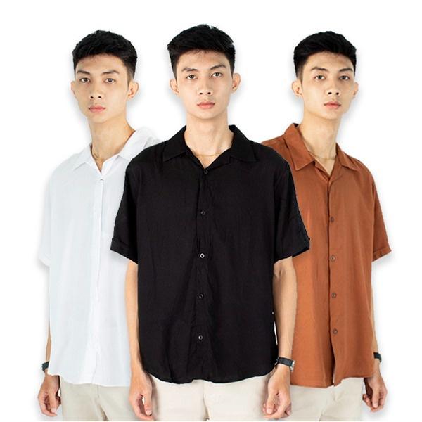 FortKlass Kemeja Rayon Polos Pria Lengan Pendek Hem Pria Kemeja pantai santai kasual casual Hitam Pu