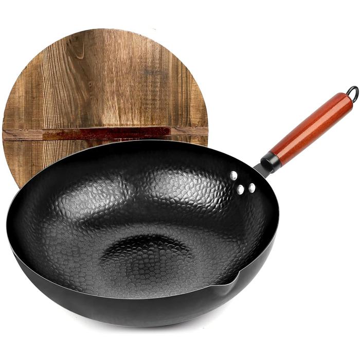 Carbon Steel Wok Pan Woks & Stir-Fry Pans Set with Wooden Lid No