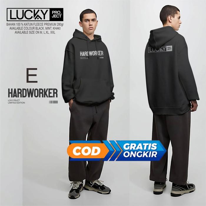 Sweater hoodie Unisex cowok Crewneck Basic Sweatshirt Distro Oversize LUCKY PROJECT Bisa Di Cari Jak