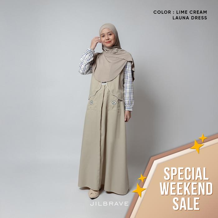 New Jilbrave Launa Dress Gamis Feminine Raya Lebaran Set Vest Kombinasi Motif Kotak Plaid