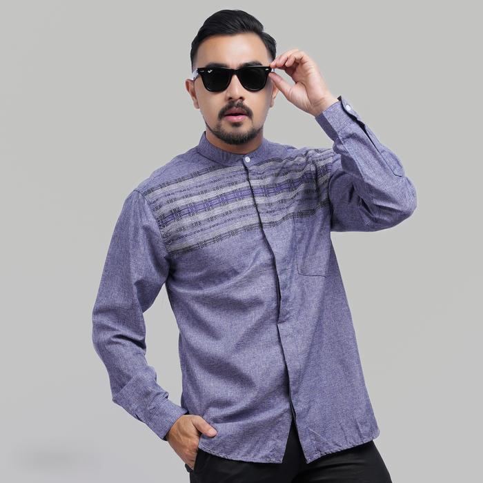 DGM Baju Koko Pria Lengan Panjang Bordir Premium Soft Lavender Motif Garis Tenun Horizontal Kecil Ba