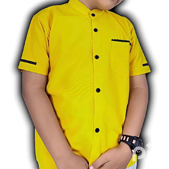 Kemeja Koko Lengan Pendek Anak Pria Bergaris Basic Lemon Fashion Baju Linen Muslim Atasan Katun Kurt